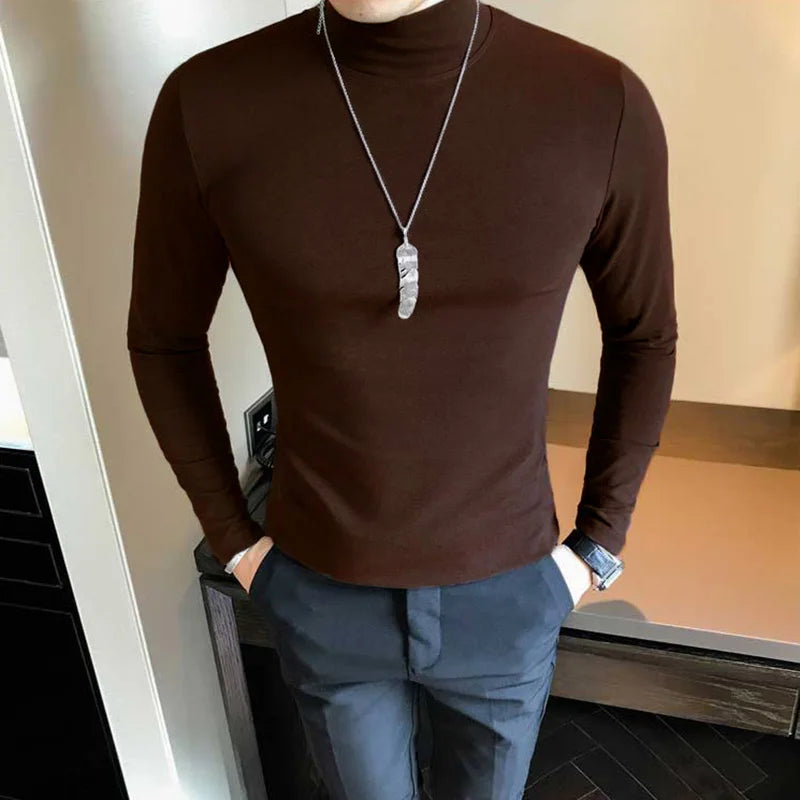 Spring New Men's Turtleneck T-shirt Long Sleeve Slim Fit Solid Color High Elastic Bottoming Pullovers Basic Style Male Tops