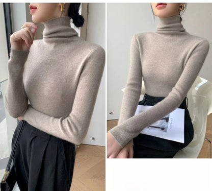 Women's Turtleneck Knit Pullover Sweater, Slim Fit, Long Sleeve, Solid