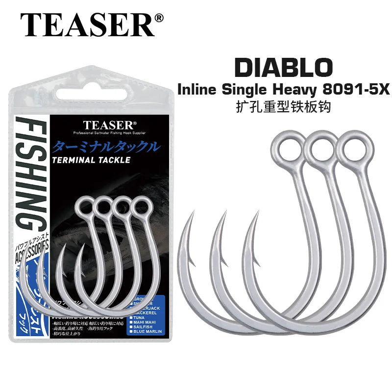 TEASER 8091 5X DIABLO Saltwater Popper Fishing Hook 2/0 3/0 4/0 5/0 7/0 Super Rust-proof Fishing Inline Single Heavy Hook