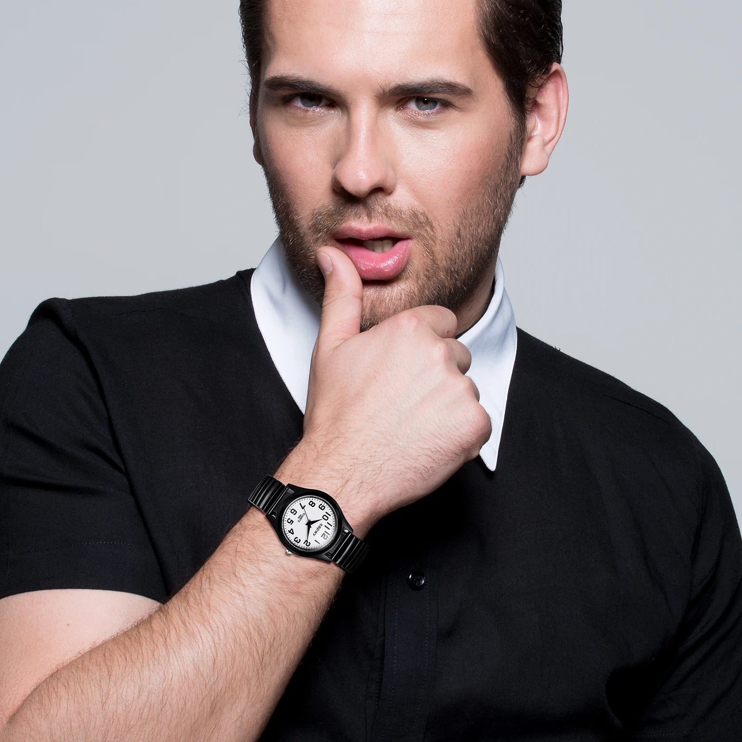 Elastic Strap Watch for Men Couples Clear and Easy Read Large Black Digital Hard Steel Strap Waterproof