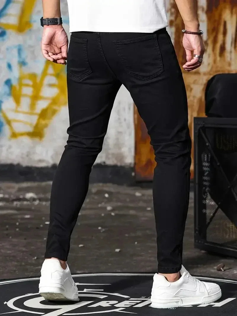 Mens Stretch Skinny Denim Jeans Solid Color Black and Blue Slim Fit