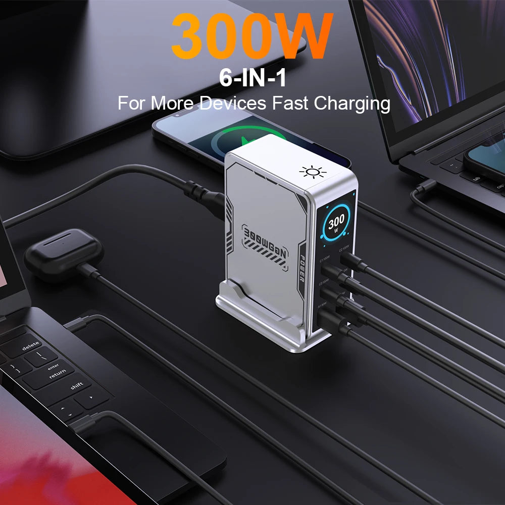 Ubigbuy 300W GaN Charger PPS PD 100W USB Type C 6-Port Digital Display Desktop Fast Charging Station for MacBook iPhone Samsung