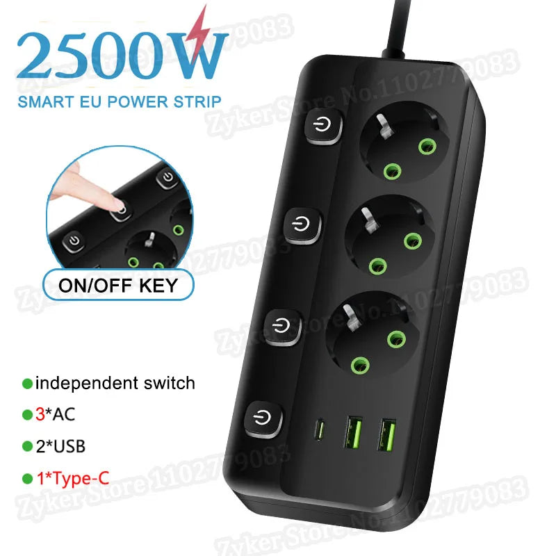 EU Plug Electrical Socket with 3/5 AC Outlets 2 USB Ports + 1 Type C 6/8-in-1 Plug Socket Adapter 2M Power Strip for Home Office