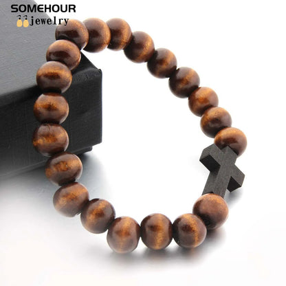 Wood Bead Cross Necklace & Bracelet Set – Religious Accessories for All