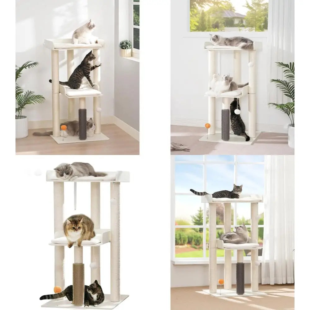 Large Indoor Cat Tower, Modern 43.7 Cat Condo with Scratching Post, Perch, Removable Pads, White