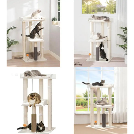 Large Indoor Cat Tower, Modern 43.7 Cat Condo with Scratching Post, Perch, Removable Pads, White