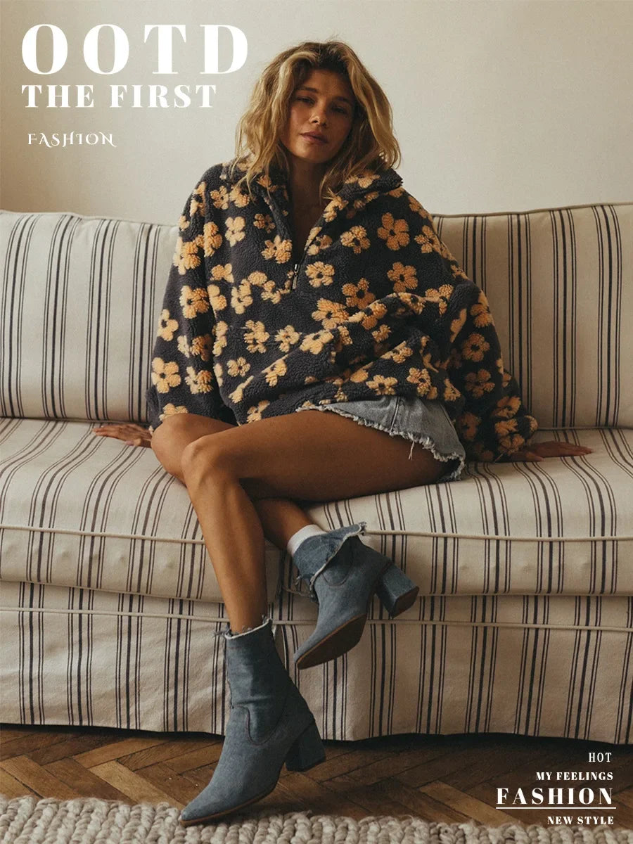 Blubelle New Autumn Winter Women's Sherpa Floral Pullover Hoodies Half Zip Style Loose Fit Warm Stylish Sweatshirt