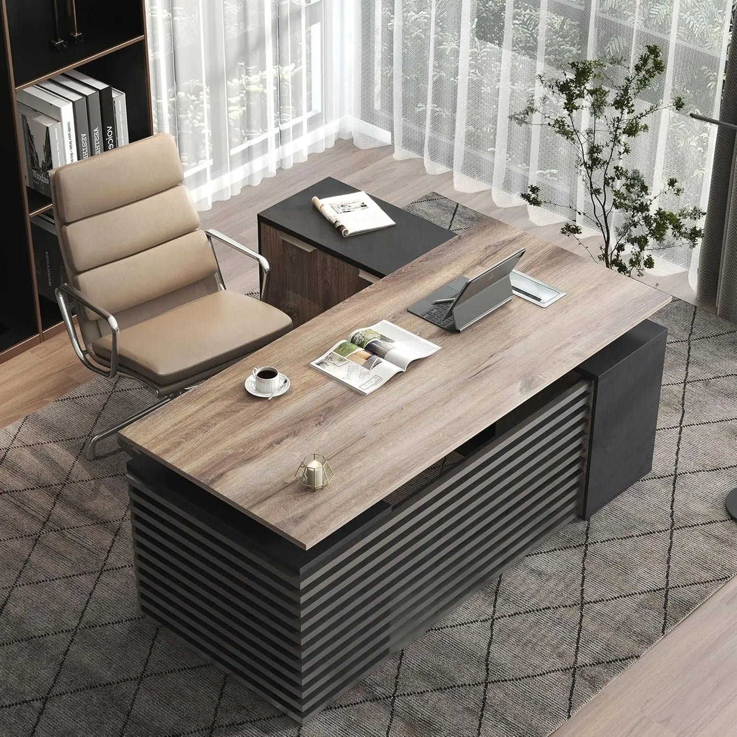 Adjustable Heigh L Shaped Executive Standing Desk w/Drawers Office Desk w/Universal Charging Ports Large Business Workstation