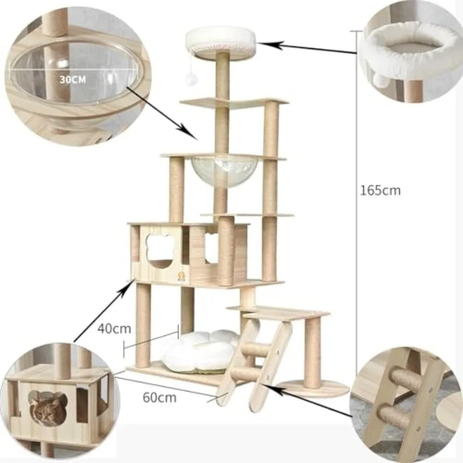 65-Inch Multi-Purpose Wooden Cat Tree Tower with Condo Design Featuring 13 Scratch Posts Padded Platform Bed Interactive Toy Ba