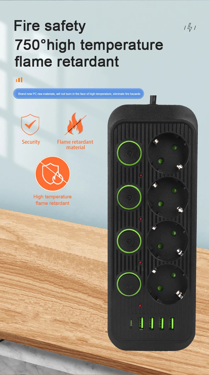 EU Plug Power Strip With USB Ports 2m Extension Cable Surge Protector