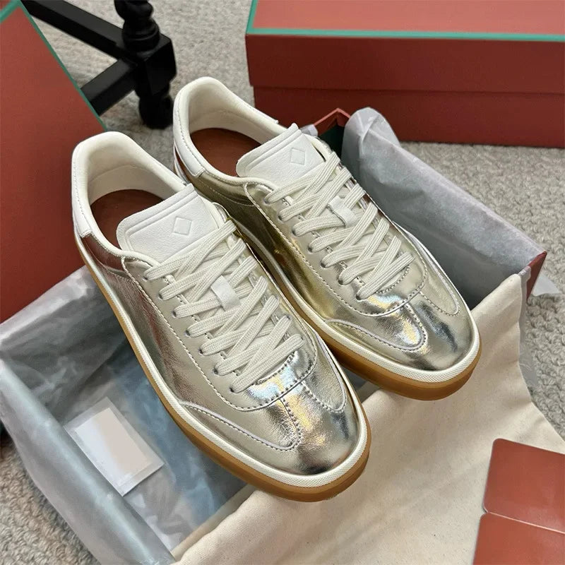 Men's Genuine Leather Lace Up Round Toe Trainer Shoes White