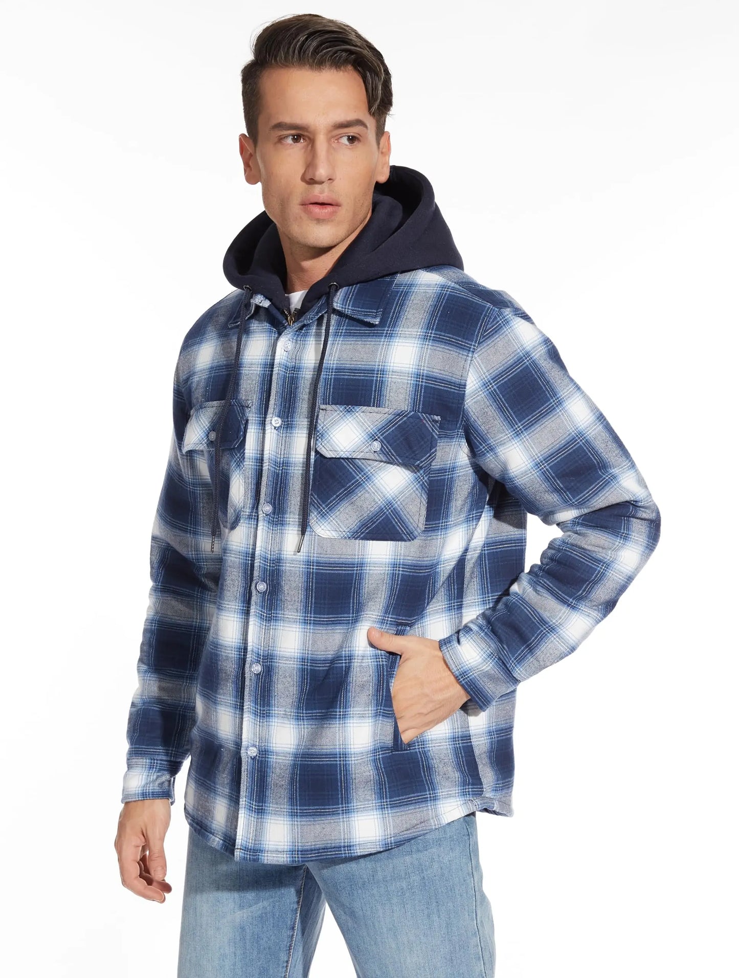 TACVASEN Men's Flannel Shirt Jacket with Removable Hood Plaid Quilted Lined Winter Coats Thick Hoodie Outwear Man Fleece Shirts