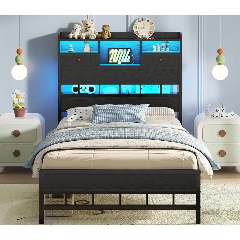 Twin Size Bed Frame with Headboard, LED Lighting, Storage Shelves, and Underbed Storage, Platform Bed for Kids, No Box Spring Re