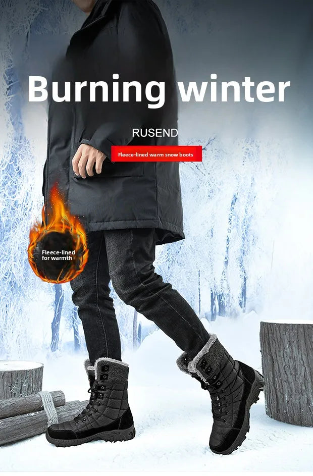 Men Winter Snow Boots Waterproof Leather High Top Plush Lined MidCalf Big Size