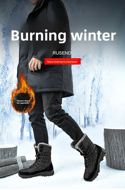 Men Winter Snow Boots Waterproof Leather High Top Plush Lined MidCalf Big Size