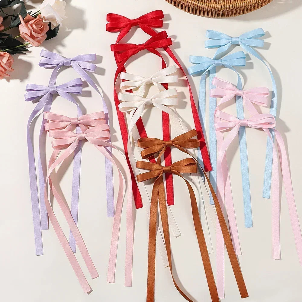 2pcs 2025 New Cute Ribbon Bow Headband Long Tassel Hair Clip Women's Hair Accessories Girls Party Headwear Side Clips Wholesale