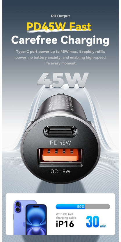 45W USB Type-C Car Charger With QC 3.0 PD 3.0 SCP AFC
