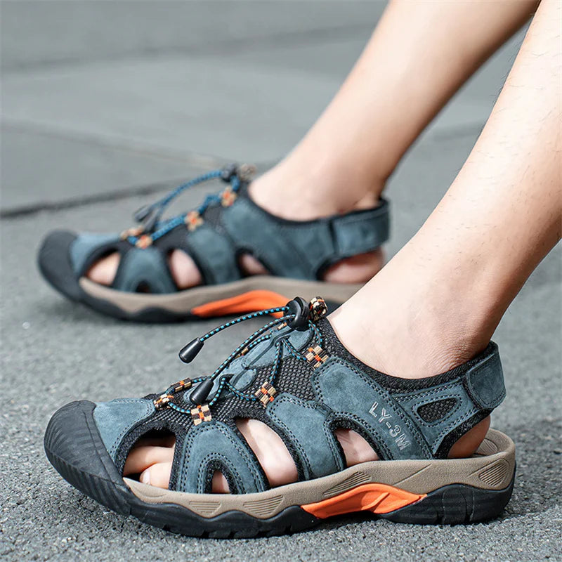 Blue Retro Leather Sandals Men Plus Size 48 Platform Sandals for Man High-quality Summer Men Shoes Comfortable Beach Sandals Man