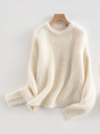 Alpaca Knit Pullover Sweater For Women, Loose Fit, Camel, Beige