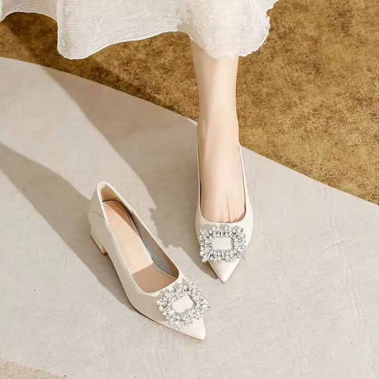 Women's Elegant Black Mid Block Heels Pumps with Crystal Rhinestone Pointed Toe Dress Shoes