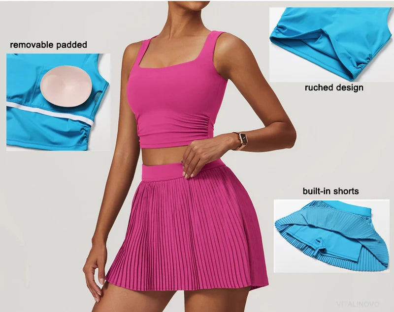 VITALINOVO Tennis Dress for Women 2 Pieces High Waisted Pleated Skirt Sets Racerback Padded Workout Crop Tank Tops Golf Workout