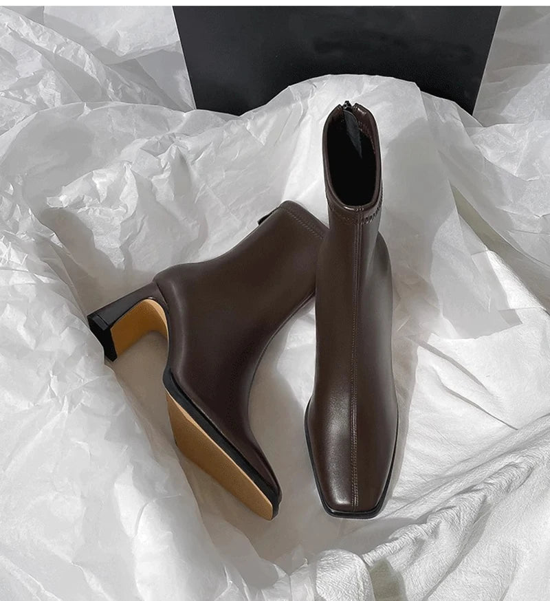 Vintage Warm Cotton Women Ankle Boots Fashion Elegant Square Toe Shoes Autumn Winter Thick Heel Women's Short Booties