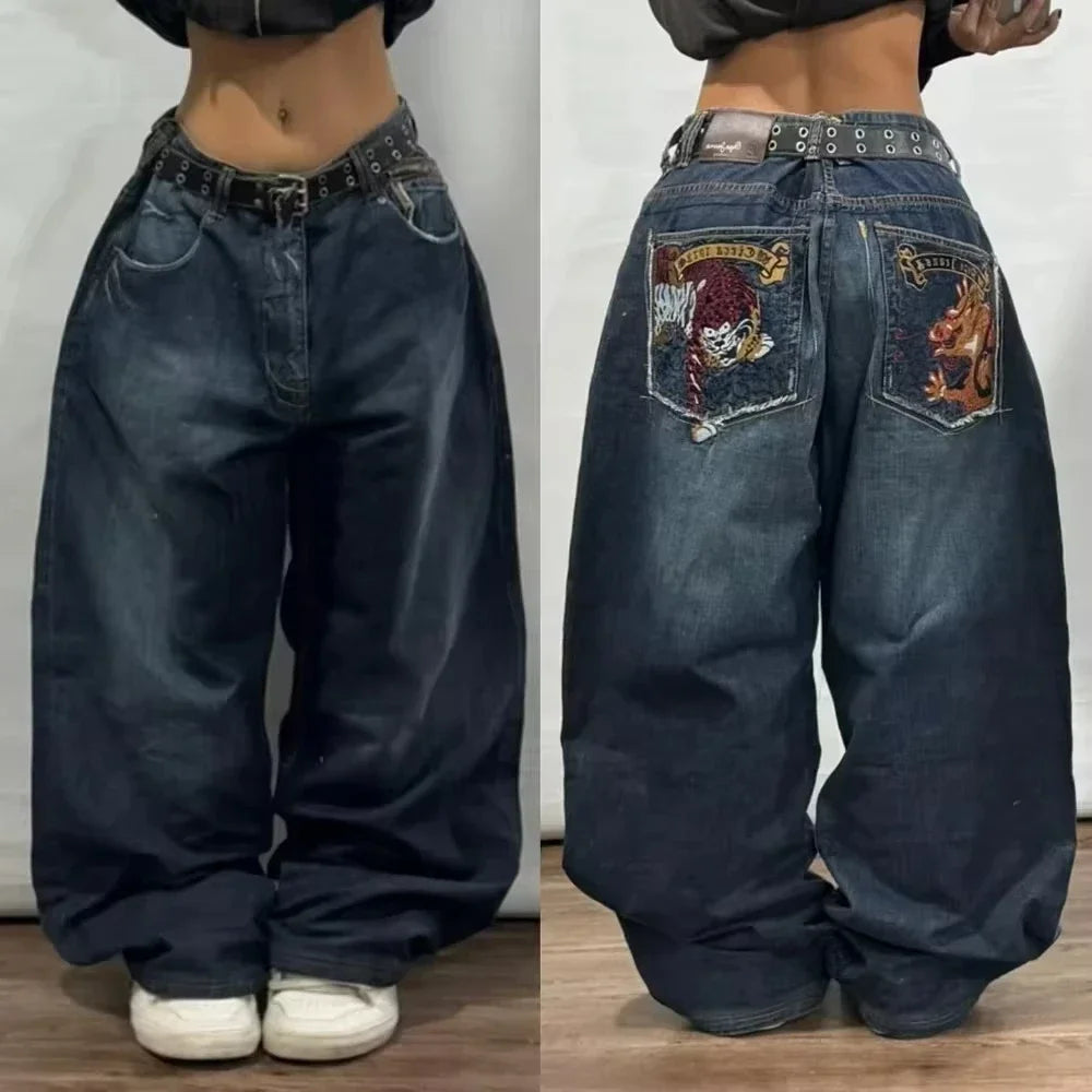 Embroidered Letter Loose Wide Leg Jeans, Stripe Pattern, Men