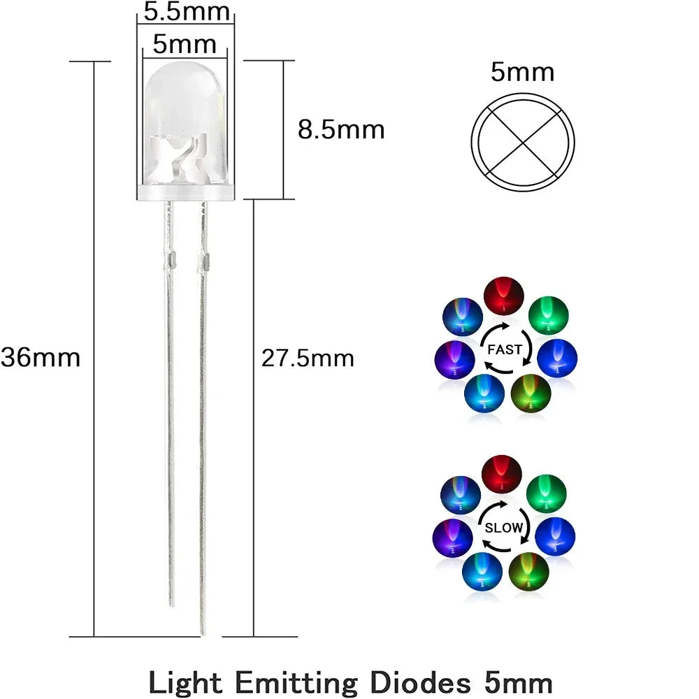 50pcs 5mm Multicolor Slow/Fast Flashing LED Diode Blinking Light Emitting Diodes 2 Pins Clear Round Lens Electronic Components