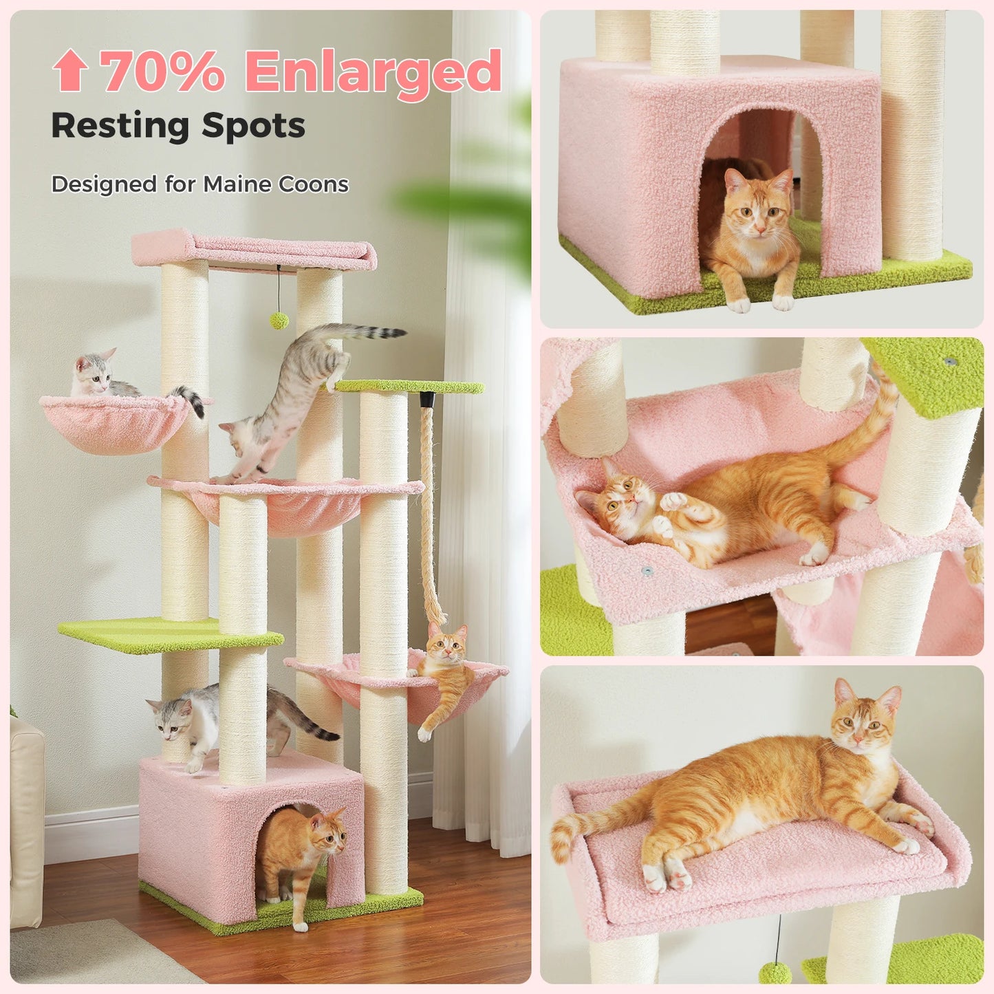 Multi-Level Cat Tree with Scratching Posts, Cozy Condo, Super Large Perch, Deep Hammocks, Tall Cat Tower for Indoor Adult Cats