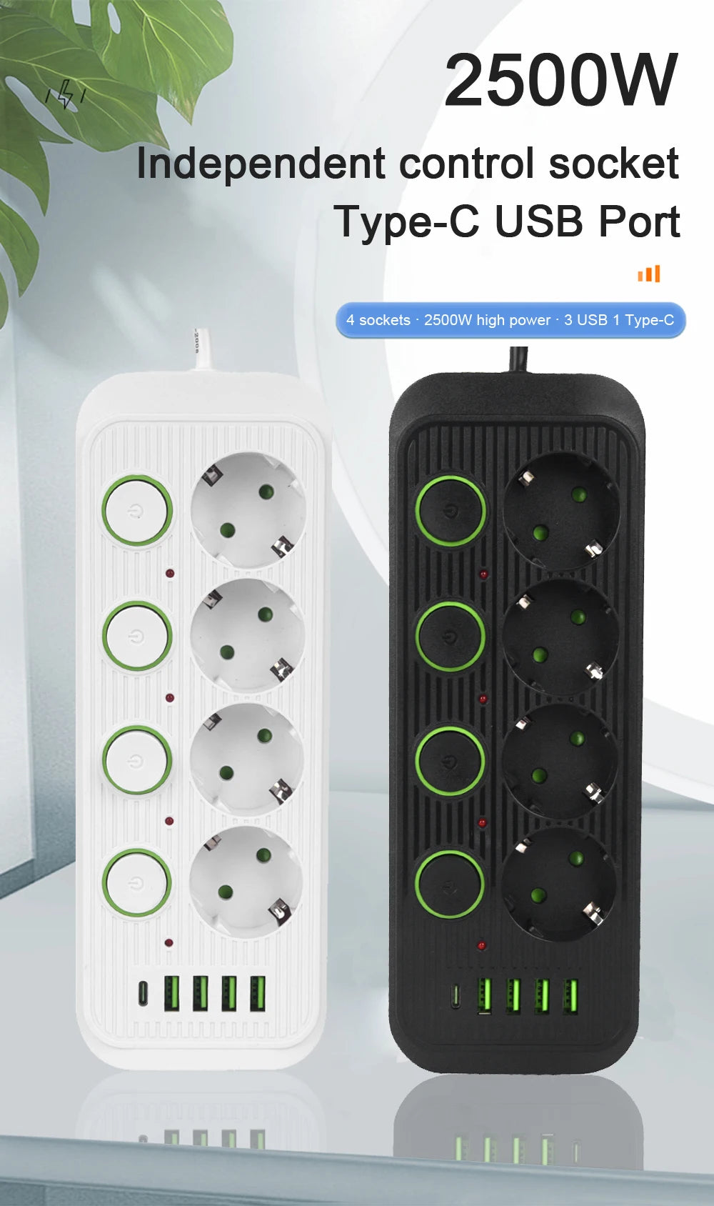 EU Plug Power Strip With USB Ports 2m Extension Cable Surge Protector