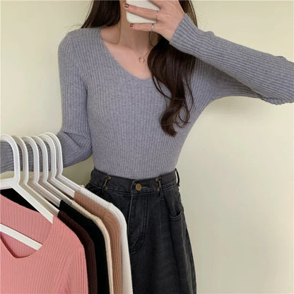 Women's V-Neck Knitted Pullover, Long Sleeve Slim Fit Jersey Top
