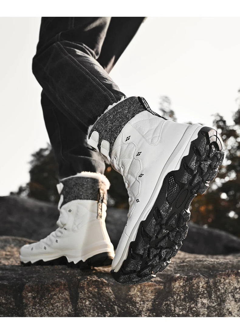 Men's Winter Snow Boots Leather Waterproof Mid-Calf Plush Lining Lace-Up