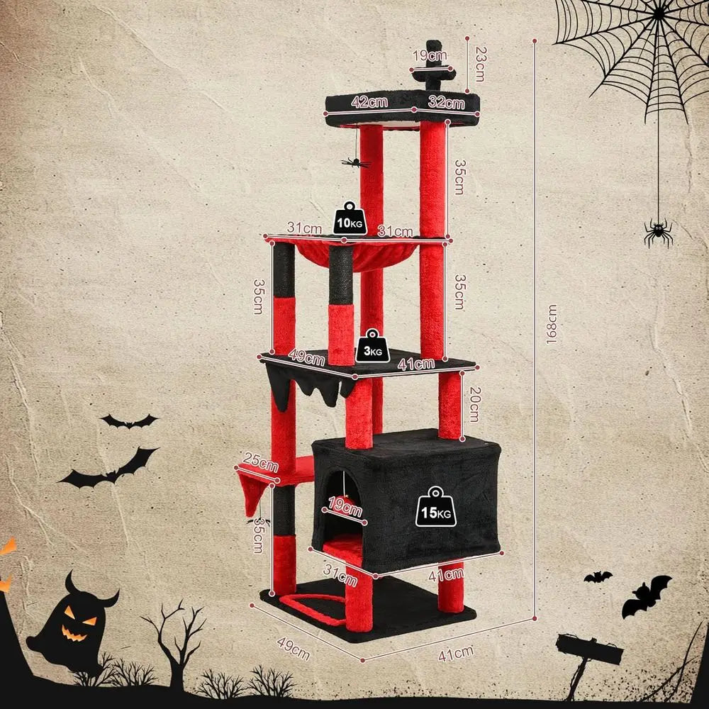 Halloween-Themed 66 Tall Gothic Cat Tree with Bed, Hammock, Toys, and Scratching Posts in Black and Red