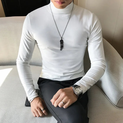 Men's Turtleneck Long Sleeve Pullover, Slim Fit, Polyester Elastane