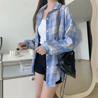 Women Plaid Shirt Long Sleeve Turn Down Collar Single Breasted Loose Fit