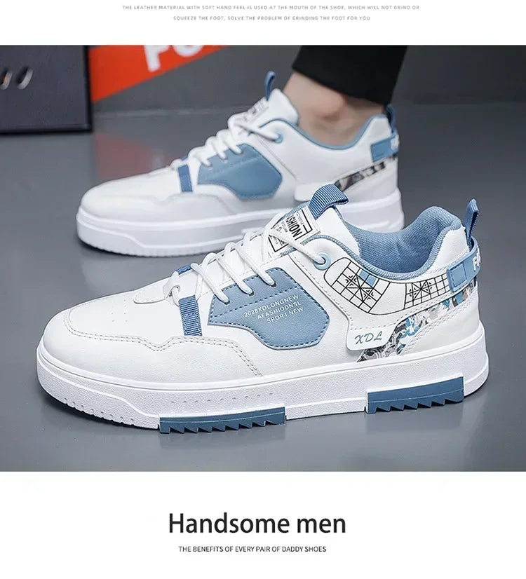 Men's Breathable White Casual Sneakers With Thick Sole