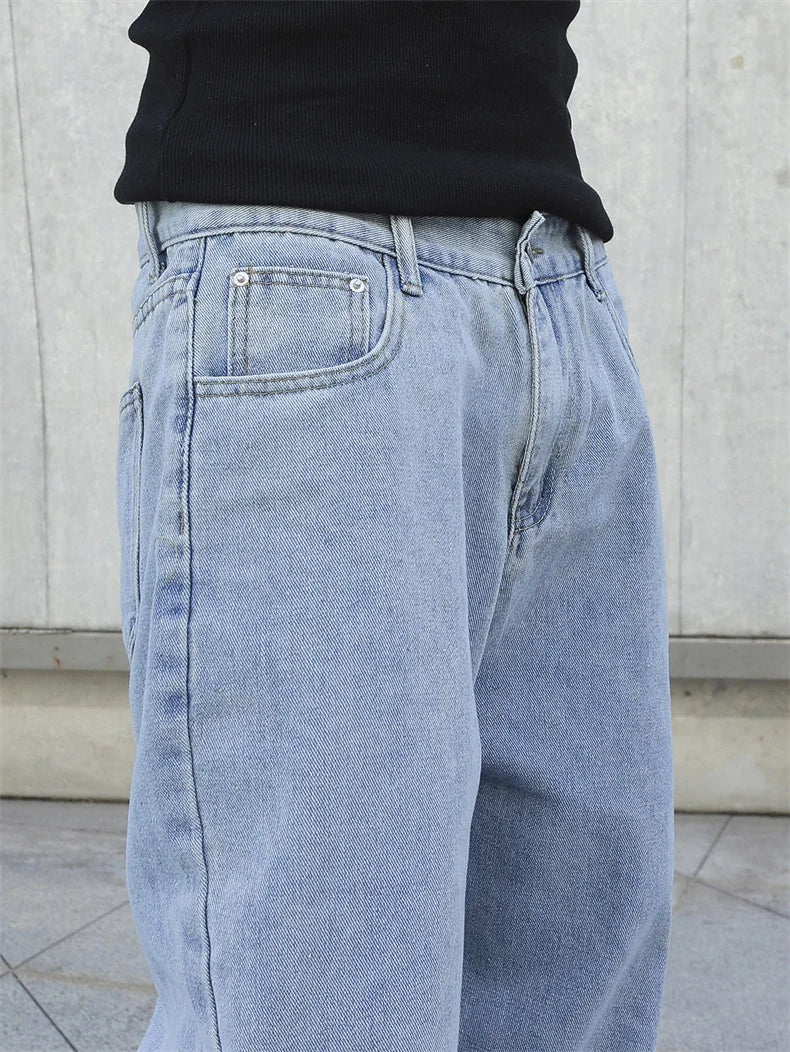 Men's Baggy Denim Jeans Loose Straight Wide Leg Trousers Solid Color
