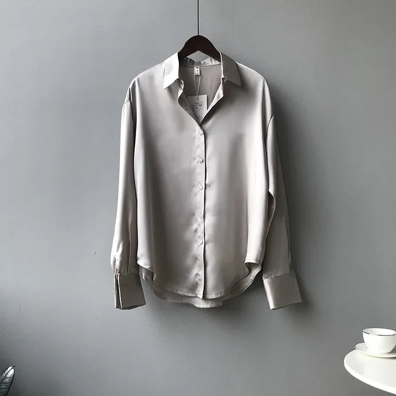 Spring Fashion Button Up Satin Silk Shirt Vintage Blouse Women White Tops Lady Long Sleeves Female Loose Street Shirts 11355