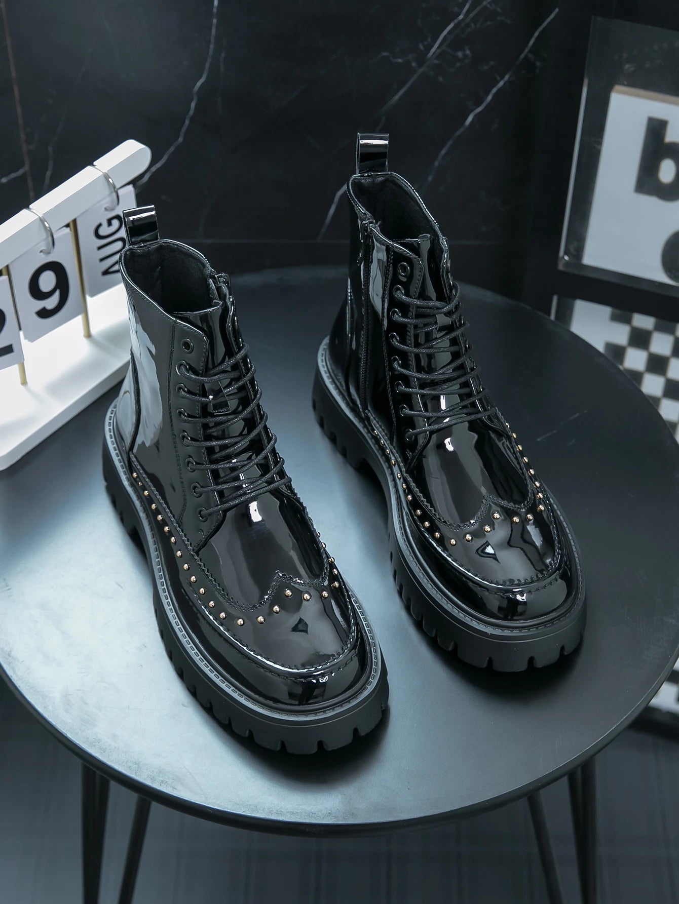 Men's Mid-Calf Leather Motorcycle Boots Pointed Toe Lace-Up