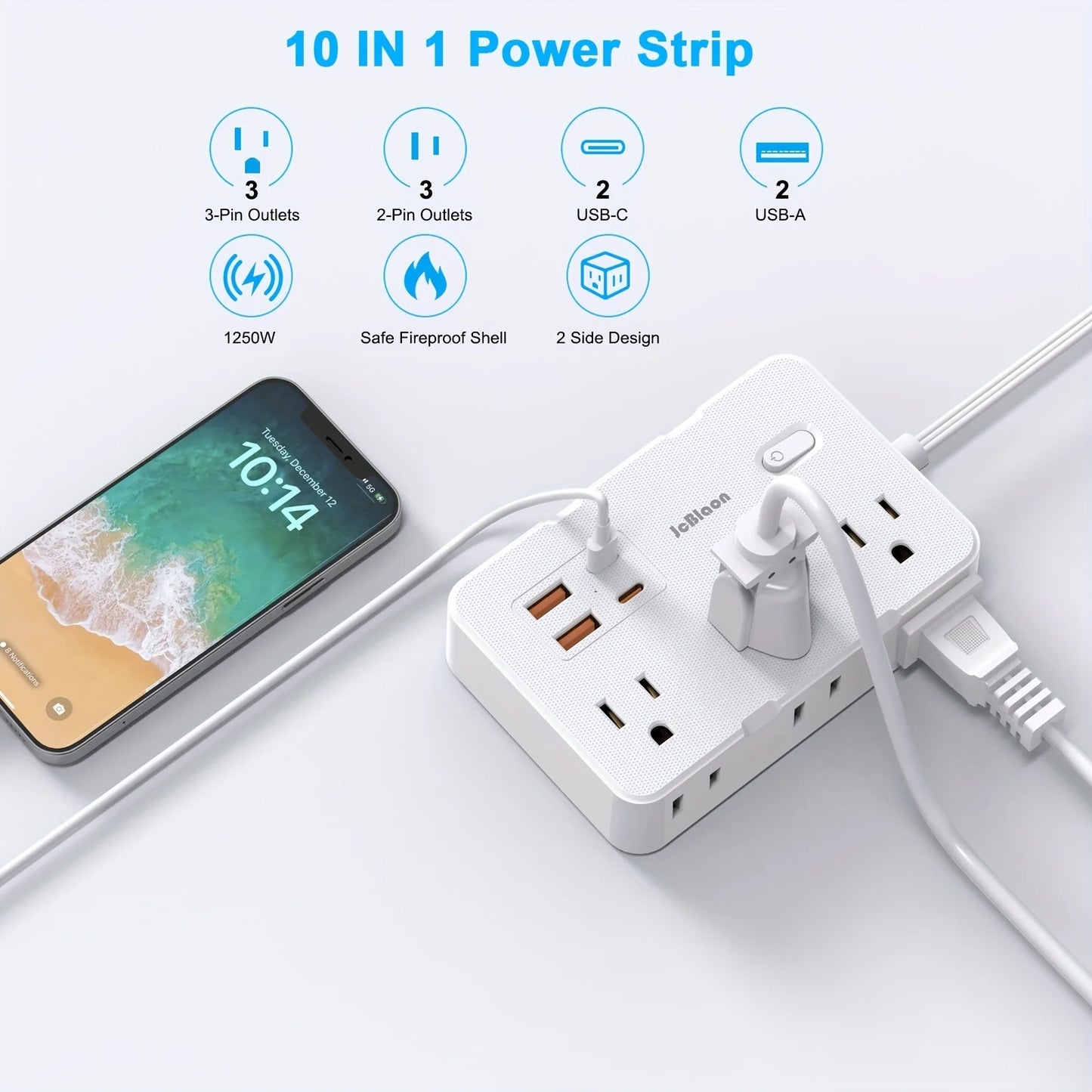 Surge Protector Ultra Thin Flat US Plug with 6 Widely Outlets 4 USB Ports,5ft Extender Cable,Power Strip Adapter for Home Office