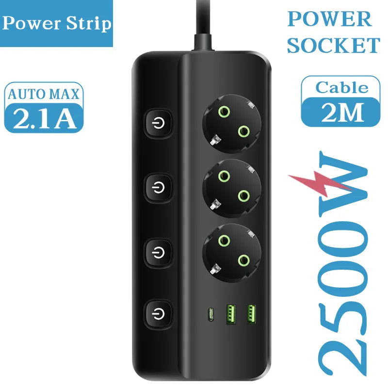 EU Plug Electrical Socket with 3/5 AC Outlets 2 USB Ports + 1 Type C 6/8-in-1 Plug Socket Adapter 2M Power Strip for Home Office