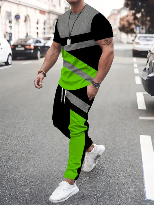 The 2025 Summer new men's suit with 3D striped print is casual fashionable and suitable for outdoor sports