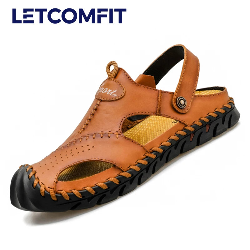 Men Cowhide Sandals Slip On With Rubber Bottom Casual Outdoor