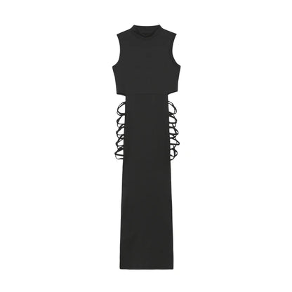 Criss Cross Cut Out Dress Ankle Length Sleeveless O Neck Polyester Womens Dress