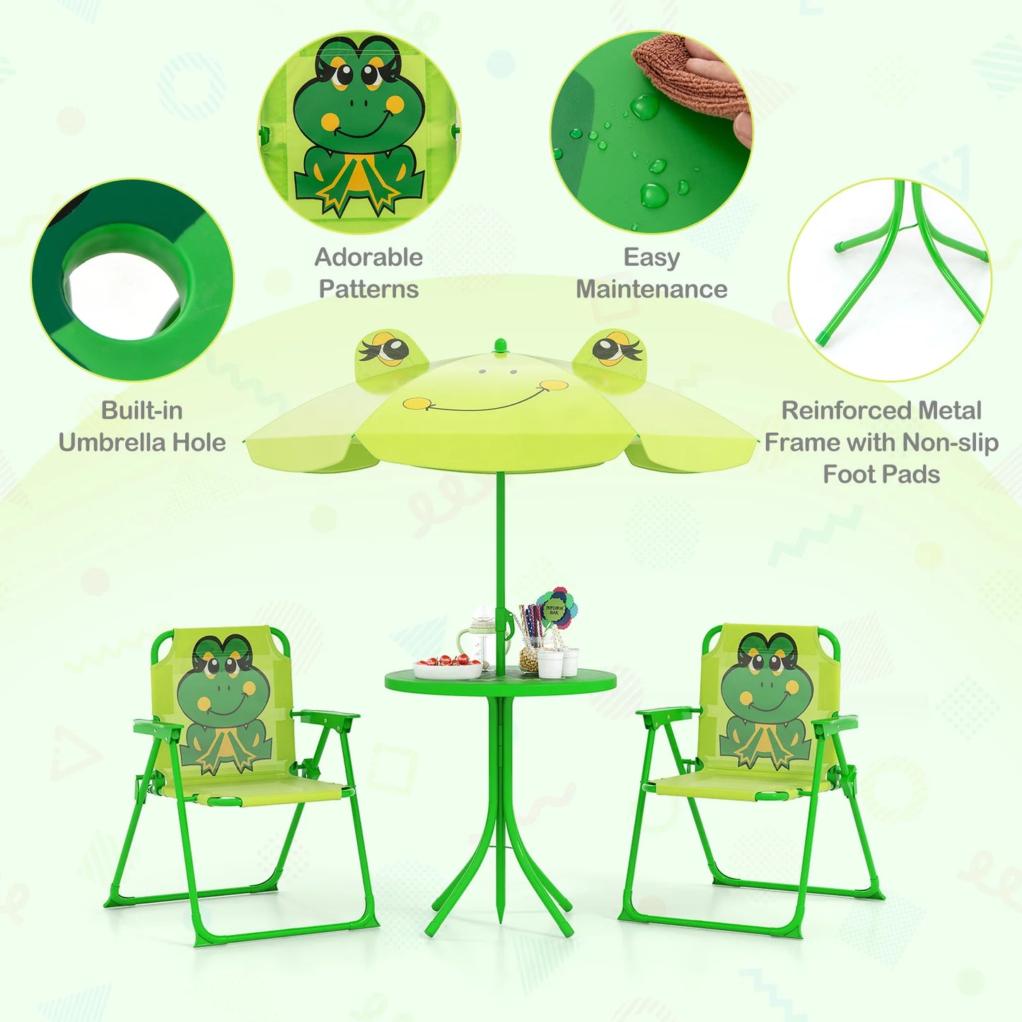 Kids Picnic Table & Chair Set with 2 Folding Chairs & Height Adjustable Umbrella