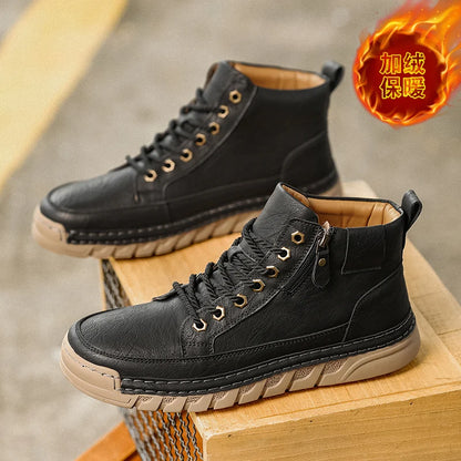 Men Leather Boots Mid Calf Lace Up Anti Slip Rubber Outsole