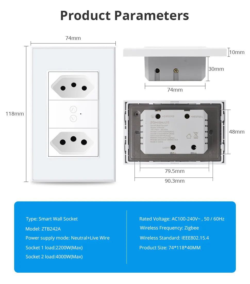 Zemismart Zigbee Smart Brazil Socket 10A 20A Outlets Work with Tuya Smart Life App Alexa Google Home Control