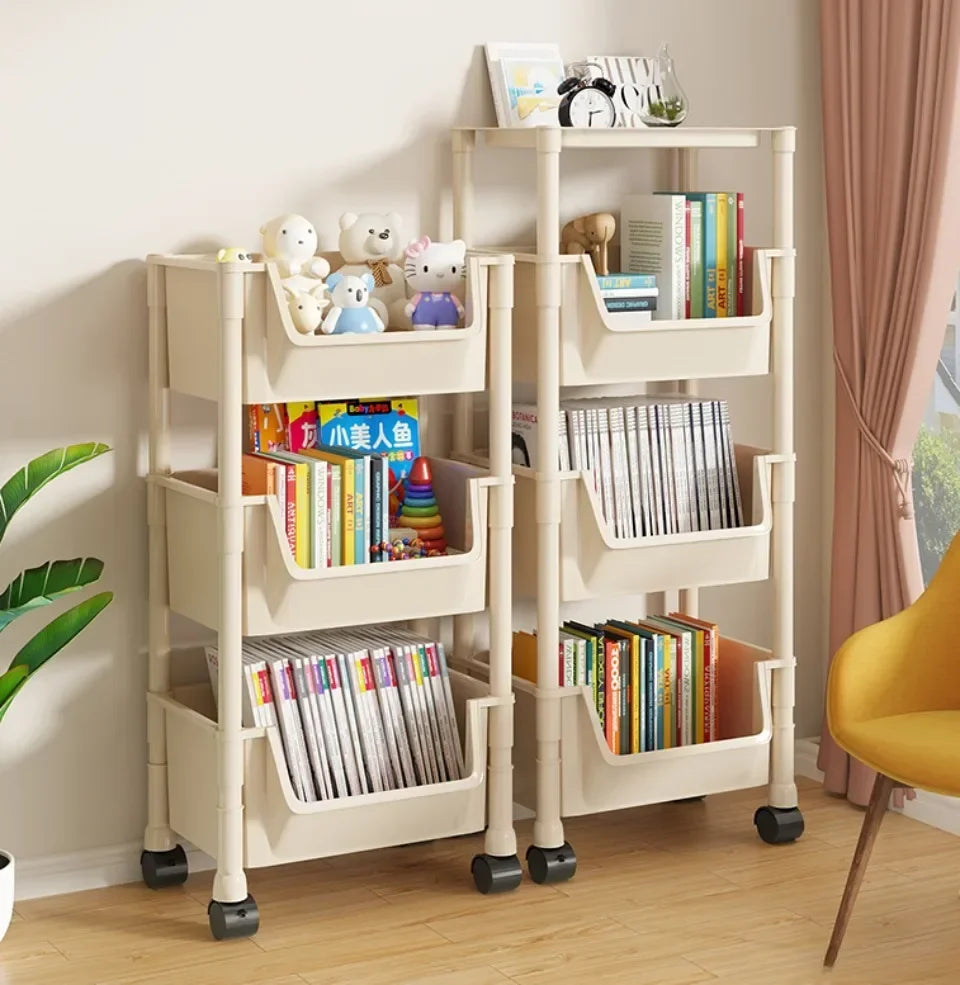 Bookshelf With Wheels Multi-Layer Movable Trolley Home Snack Organizer Shelf Kitchen Vegetable Basket Bedroom Mobile Cart Racks