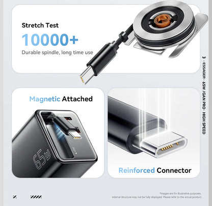 65W GaN USB C Charger With Retractable Cable PD Fast Charging