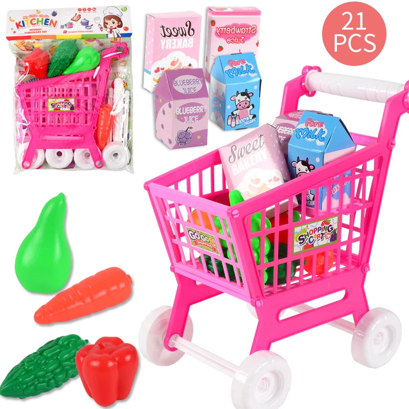 Shopping Cart Toys, Trolley for Groceries Supermarket Playset Fruit Vegetables Play Food Role Kitchen Store Toys for 3+ Kids